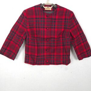 Pendleton Plaid Jacket Womens 12 Red Black Virgin Wool Vintage Button Front
